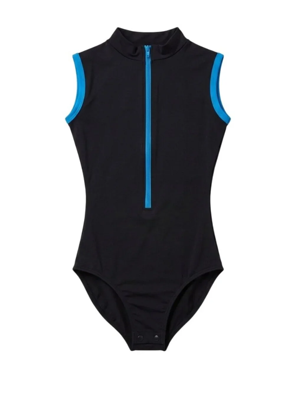 Eurotard Girls Mock Neck Leotard Black Turquoise INT Lycra Sleeveless Front Zip